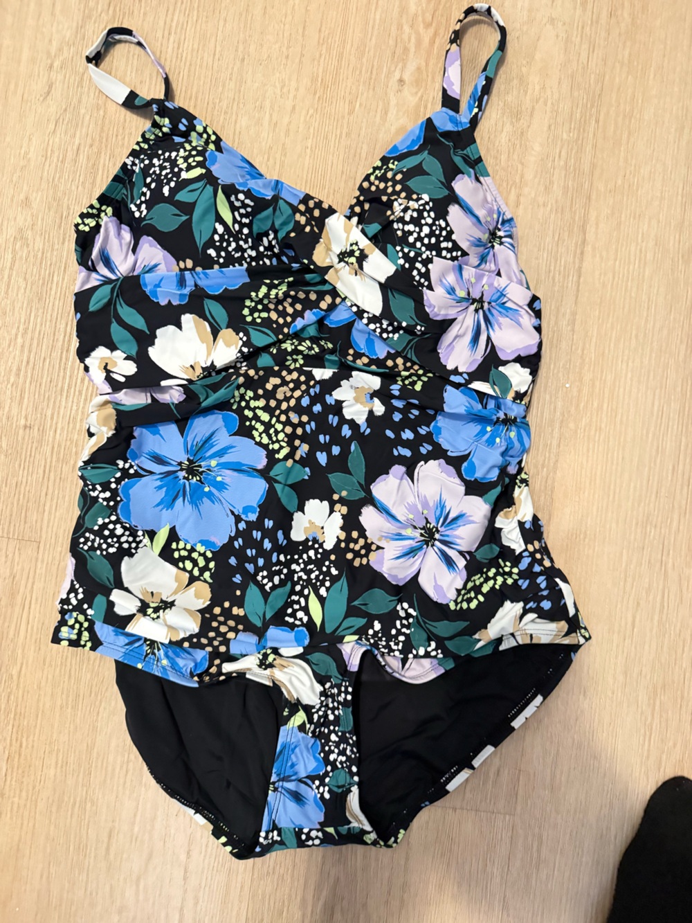 Jantzen Smoothing Black Swimsuit with Blue, Lavender and Green Floral Print